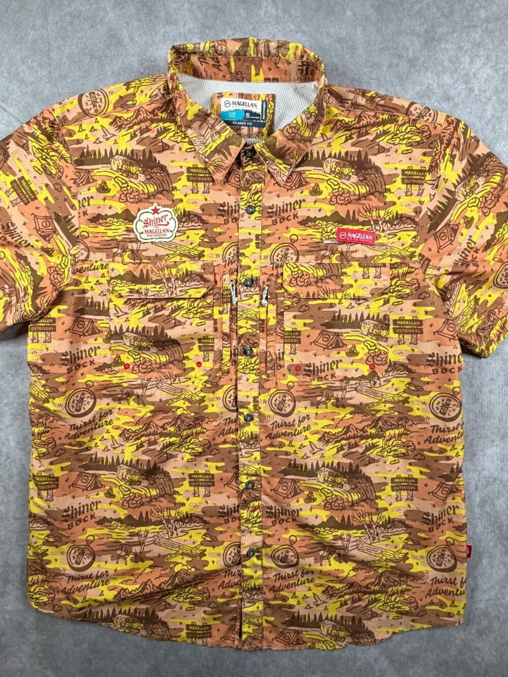 Magellan Mens XL Shirt Shiner Bock Fish Gear Brown Outdoor Beer Button Up